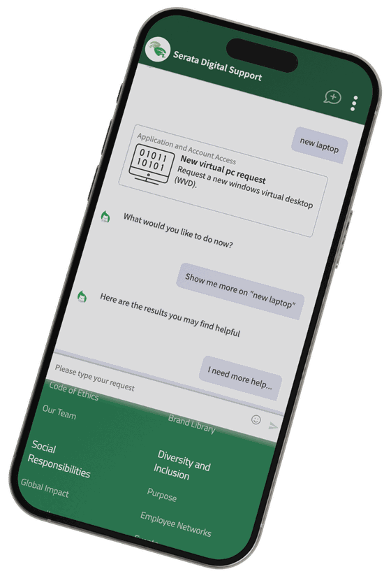 A phone showing a Serata digital support virtual agent conversation