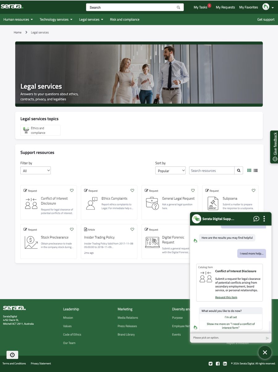 Legal services page in a ServiceNow employee portal, with request types and a virtual agent conversation open