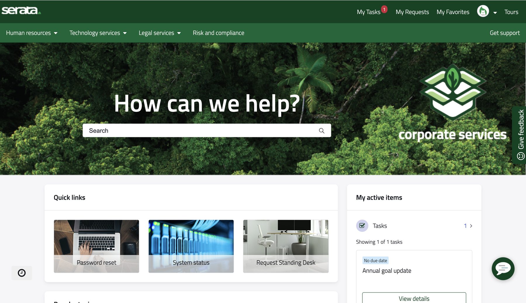 A government corporate services portal built on ServiceNow, with a search box asking how can we help